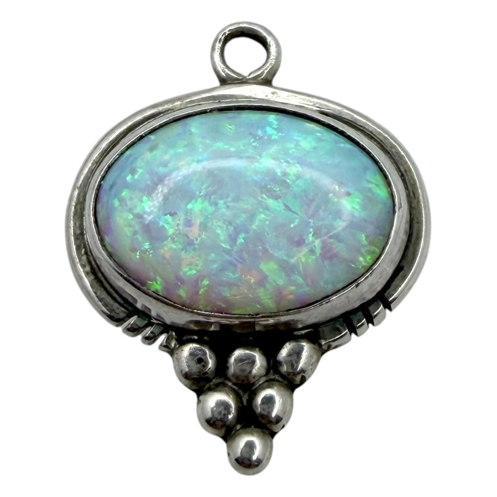 Vintage Pendant Sterling Silver 925 White Lab Opal Beaded Artisan